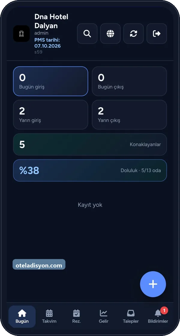 OtelAdisyon Android resepsiyon uygulaması: bugün giriş-çıkış, konaklayanlar ve doluluk